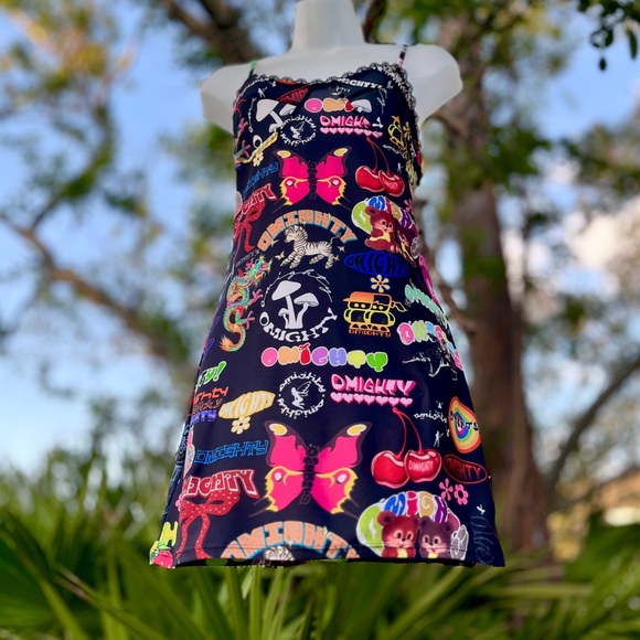 Omighty Logomania Black Mini Dress Size S Stretch Tattoo Sexy Sheer Straps Layer - Picture 6 of 17